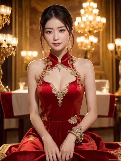 a stunning chinese woman, 23 years old, wearing a radiant, translucent red qipao dress with an exquisite high collar and intricate peony pattern, sits gracefully on a luxurious, velvet baroque bed with a rich blue and gold background, identical twin sister...