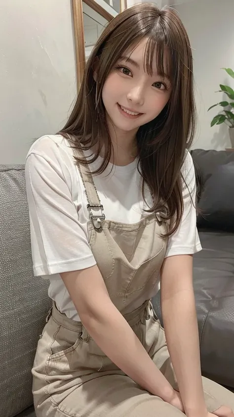 +masterpiece, highest quality, Very detailed, Female student, Beautiful Face, Rich details, (Long brown hair), Perfect Face, Overalls, Sitting, close, sofa,((Smile with a big laugh)),Pose for the camera