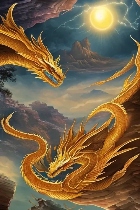 so sublime and divine々a beautiful golden dragon coiled up in the center of the screen, glaring at the camera.。金色のthe dragon is幸せ...