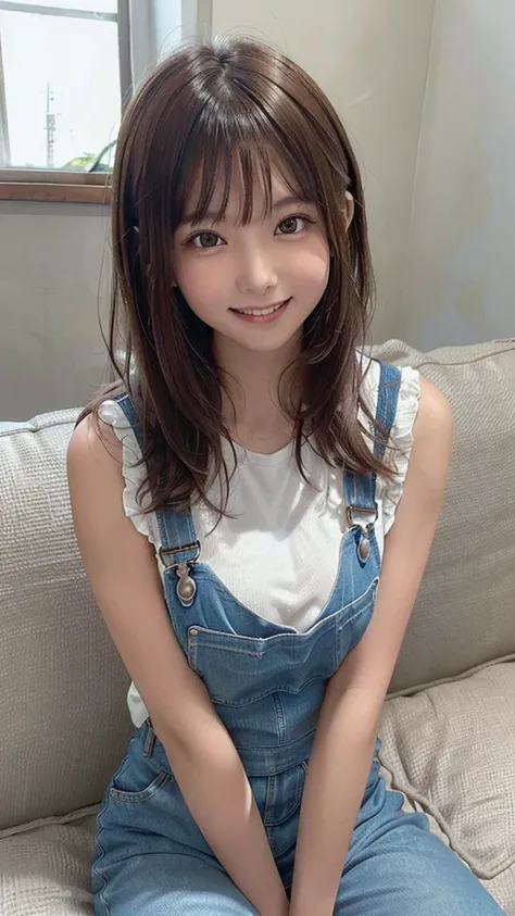 +masterpiece, highest quality, Very detailed, Female student, Beautiful Face, Rich details, (Long brown hair), Perfect Face, Overalls, Sitting, close, sofa,((Smile with a big laugh)),Pose with your whole body for the camera