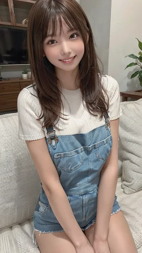 +masterpiece, highest quality, Very detailed, Female student, Beautiful Face, Rich details, (Long brown hair), Perfect Face, Overalls, Sitting, close, sofa,((Smile with a big laugh)),Pose for the camera using your whole body