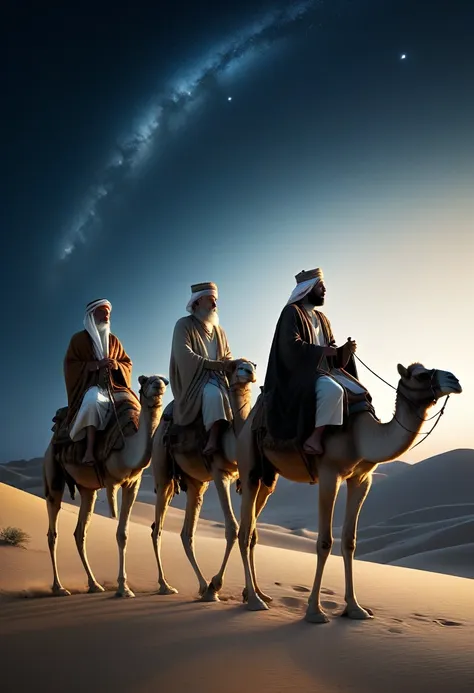 hyper realistic image, biblical, masterpiece, the three (((3))) wise men, riding on their camels, at night, following the ((star...