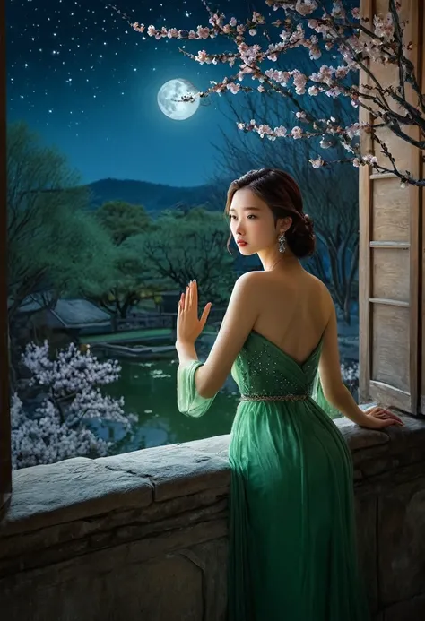 (Watercolor Landscape:1.4), Moonlight is bright, starry rivers adorn the sky, and classical gardens are immersed in a peaceful and peaceful atmosphere. Peach blossoms are fluttering, the stone path is covered with the colors of spring, and the willows by t...