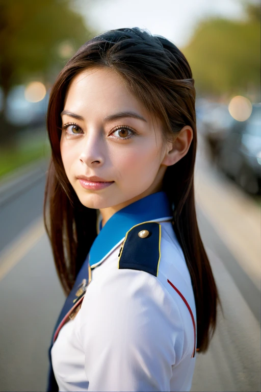 kristin kreuk, arafed woman in uniform saluting for the camera, extremely beautiful face, beautiful girl model, very beautiful f...