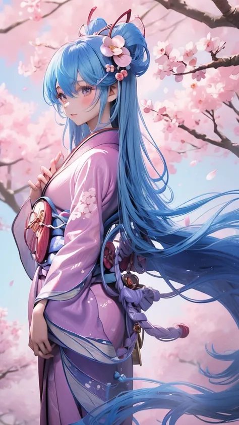 Create an anime girl with long flowing blue hair, dressed in a traditional Japanese kimono adorned with cherry blossoms. She is standing in a serene garden filled with blooming sakura trees, a gentle breeze causing the petals to float around her. Her expre...