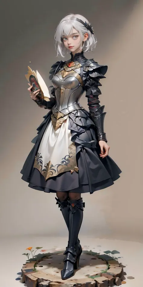 (gray background)(masterpiece) ultra-detailed solo 1girl hands on sides medium breasts, (full body standing), RED EYES detailed eyes, full plate armor, confident smile, staring at the viewer, silver white hair, short bob style hair