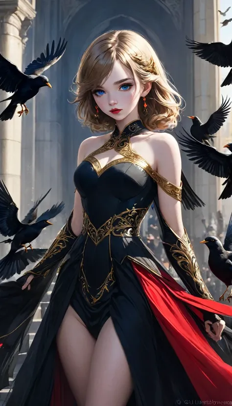 Woman, 1girl, Blue eyes, beautiful face, red lips, Black dress with Golden details, full body, warrior, black birds, white birds, very aesthetic, professional lighting, natural light, intricate, masterpiece, absurdres, best quality, extremaly detailed eyes...