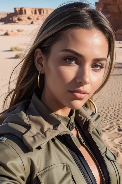 beautiful woman closeup in modern multi color military outfit in super sensual desert, avec un gros cul face camera