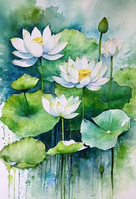 create a work of art in ultra high definition beautiful artistic watercolor sfumato style，它以鳥瞰的視角描繪了清澈的水面there are light green l...