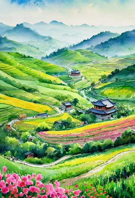 (Watercolor Landscape:1.4), Chinas countryside, winding country roads, green fields and pink flowers on both sides of the road are clearly visible, colorful pastoral scenery, high-definition photography style, vivid colors, strong contrast between light an...