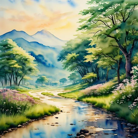 (Watercolor Landscape:1.4), ancient chinese style, The distant fragrance invades the ancient path, The sunny green connects the desolate city, best quality, masterpiece, very aesthetic, perfect composition, intricate details, ultra-detailed