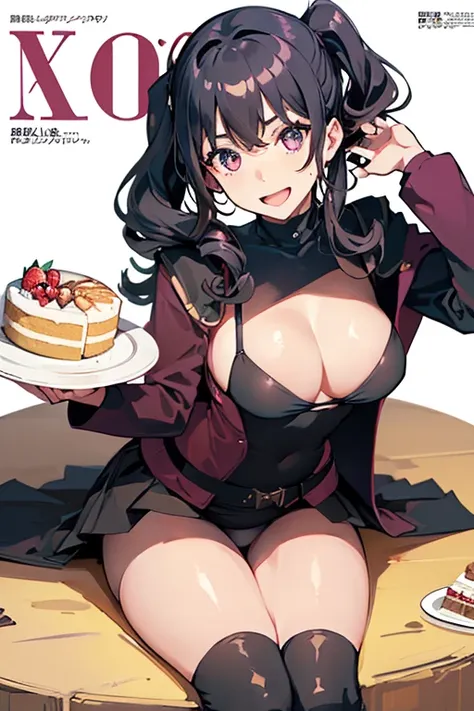 1 girl, small nose, very beautiful detailed face and eyes, bright colors, cute face, delicate beautiful face, Bright magenta eyes, cute eyes, sparkling eyes, Big eyes, (big breasts:1.3), (perky chest:1.1), (pointed chest:1.0), (cake magazine cover:1.3)，hig...