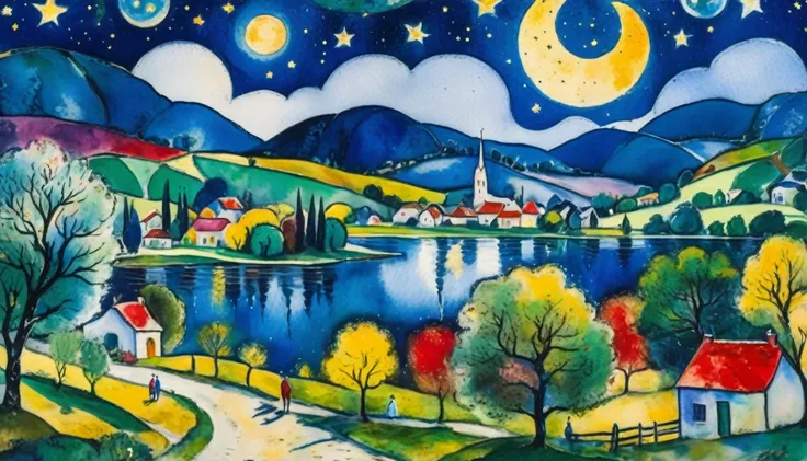 a couple, a village by the lake and a birch forest and an apple orchard, a starry night, ((Marc Chagall style)), ((landscape juice watercolor)), magic naive art, primitivism, protogen, ((best quality, Masterpiece)),
((Highest detail)), RAW:1,1, 8k