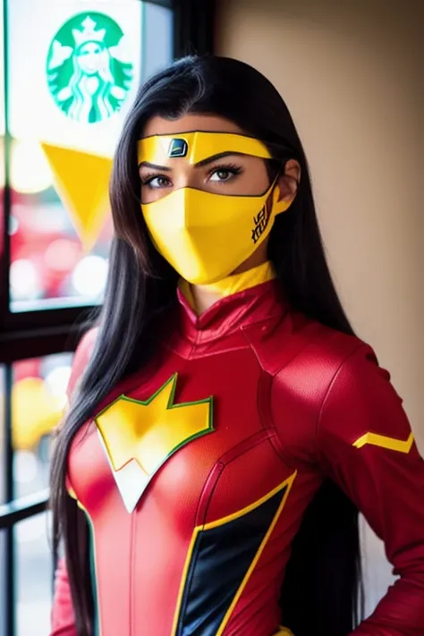 sw_jessicadrew standing in starbucks with a cup of coffee, red and yellow superhero costume, black hair, long hair, underarm web...