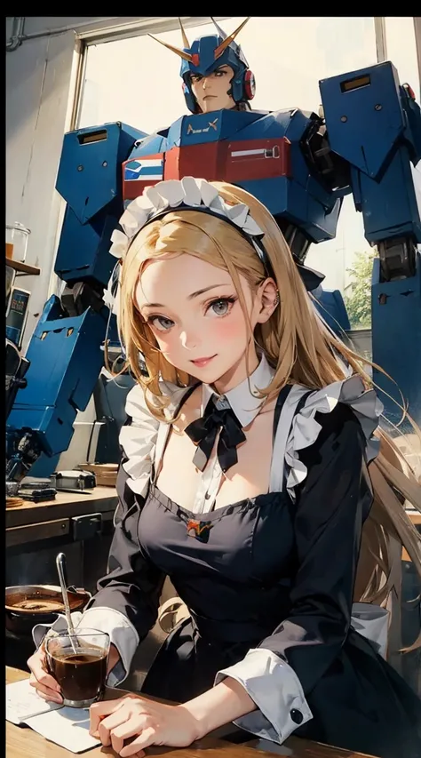 ((masterpiece)), ((best quality)), ((ultra-detailed)), 1girl, (mecha musume:1.4), science fiction, mechanical arms, maid dress, mechanical legs, mechanical parts, maid, long hair, blonde hair, mechanical wings, mechanical shield, headgear, , looking at vie...