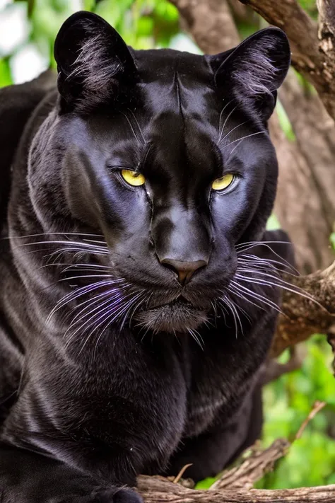 large black panther with midnight fur, lounging in tree, hazel eyes