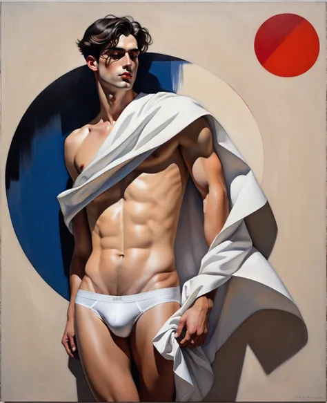 chiaroscuro technique on sensual illustration of an arafed man in white underwear, sexy masculine, diego fazio, male model, by Ludovit Fulla, model with attractive body, inspired by Ludovit Fulla, mid-shot of a hunky, the model draped in flowing, thick oil...