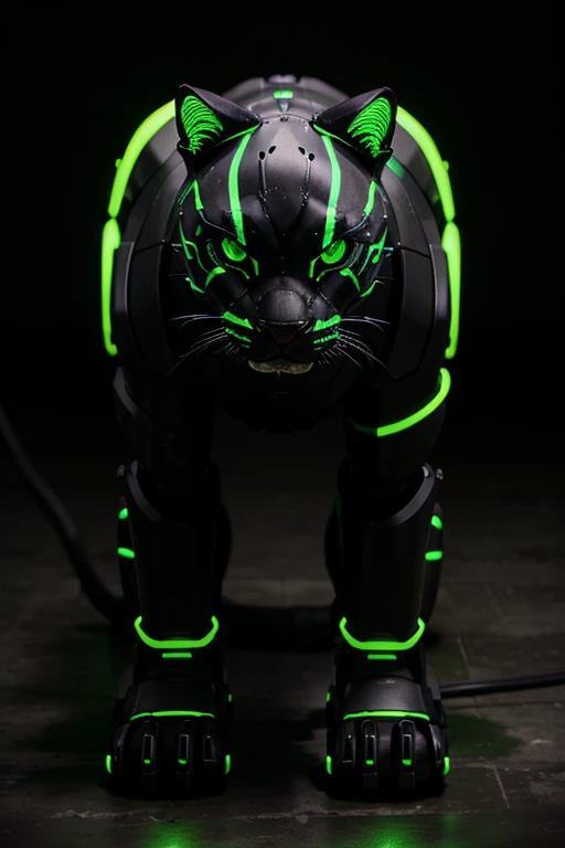 Robotic panther creature made out of mostly black with glowing neon green streaks