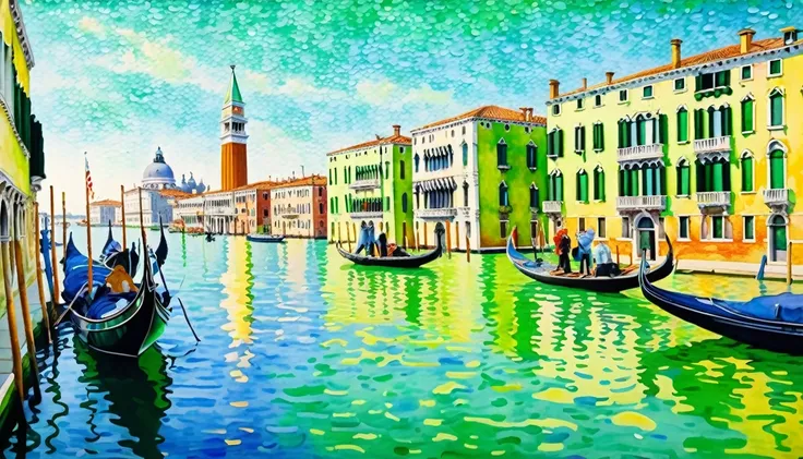 Venice. The Salute. Green ((style by Paul-Signac)), Neo-Impressionism ((juice watercolor painting)), extreme detail, intricate, unusual, ((Best quality)), ((masterpiece)), ((hyperrealistic)), (perfect), 8k