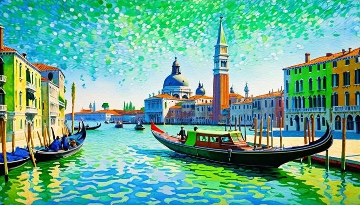 Venice. The Salute. Green ((style by Paul-Signac)), Neo-Impressionism ((juice watercolor painting)), extreme detail, intricate, unusual, ((Best quality)), ((masterpiece)), ((hyperrealistic)), (perfect), 8k