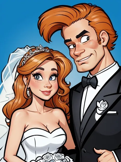 SexyToon, 8k, a drawing of a bride and groom with their dogs, caricature illustration, caricature style, caricature, in cartoon style, caricature!!!, cartoon portrait, couple portrait, by Hugh Hughes, by Melissa Benson, detailed portrait, couple portrait, ...