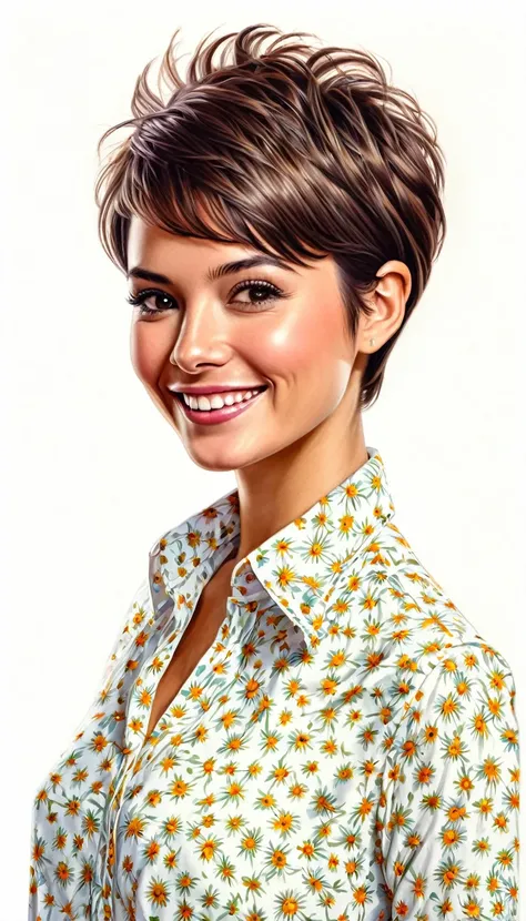 crea una mujer de pelo corto pixie, sonriendo  con camisa de cuello alto , obra maestra, estilo ilustracion de Ali Erturk, alto detalle, hiperrealista, luz natural,ilustracion , colores llamativos y flores en el fondo
