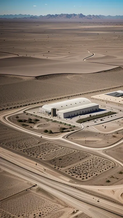 En la imagen satelital, A secret facility is observed in the middle of a vast desert. The facility is made up of several scattered buildings, conectados por caminos de tierra. A security perimeter with wire fences surrounds the entire base. En el centro, u...