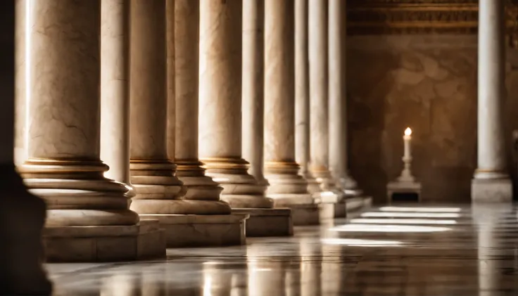 Beautiful internal columns of an ancient Roman palace, columns in white Carrara marble upper part adorned in gold, period stone floor, candle lighting, lugar aconchegante.