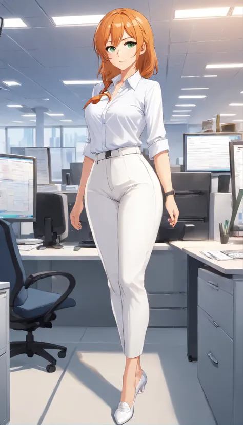 (masterpiece, Best quality), 8K, ultra detailed, realistic photo, Detailed face, perfect lighting, green eyes, bright orange hair, bright hair, fox ears, nice legs, side photo, beautiful, Cute, skin pores, 1 girl, stand in the office, hiking, Office pants,...