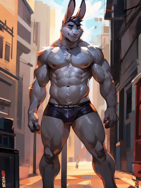 Medium muscular, rabbit, light gray, light gray rabbit, in black underwear, black underwear, string underwear, standing, sweaty body, good anatomy, By mystikfox61