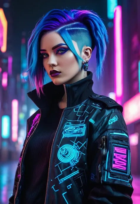 the image depicts a stylized character with a futuristic and cyberpunk aesthetic. the character has vibrant blue hair with purpl...