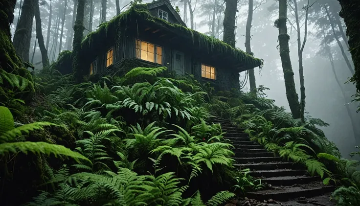 masterpiece, photorealistic, ultrarealistic, cinematic film still, Climb the stairs to the mystical cottage that sprouted on a rock. It sits in the forest, Atmospheric. Moody. Dark. Eerie. Misty. Mossy. Ferns. Surreal Harmony 