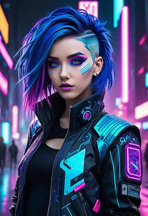 the image depicts a stylized character with a futuristic and cyberpunk aesthetic. the character has vibrant blue hair with purpl...