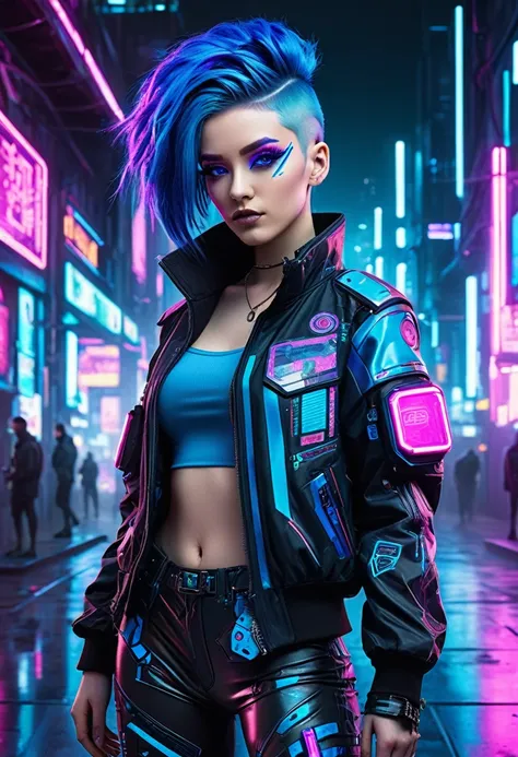 the image depicts a stylized character with a futuristic and cyberpunk aesthetic. the character has vibrant blue hair with purpl...