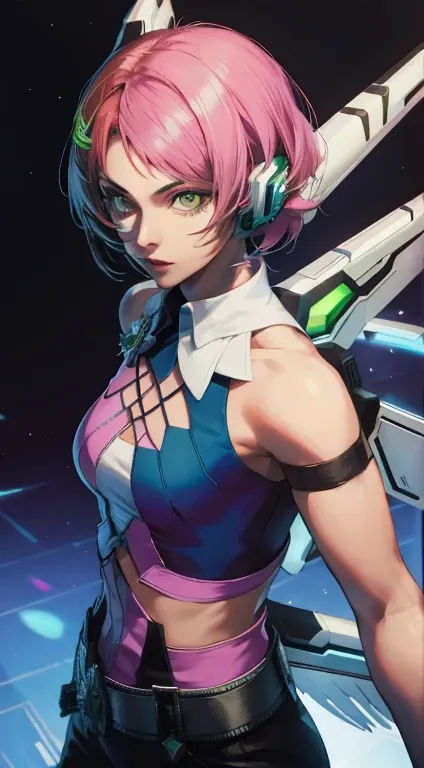 Alisa Rosto bonito, Perfect green symmetrical eyes, cabelo curto rosa multicor, mechanical wings, tekken