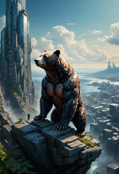 elegant anthropomorphk bear upon the cliff, overseeing a cyberpunk city, by karol bak, alex horley, bruce pennington, jon foster...