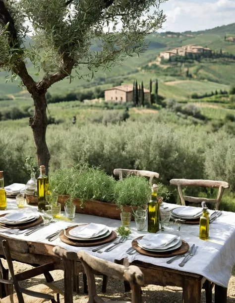 Envision a tranquil day in the Tuscan countryside, where herb fields stretch out around you. Describe the scene as you prepare to enjoy a rustic feast at a wooden table, complete with vintage olive oil bottles, basil in vintage cans, and a spread of Italia...