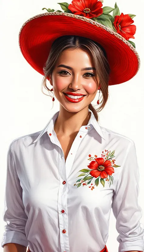 crea una mujer con sombrero elegante rojo  sonriendo ,con camisa de flores con cuello allto , obra maestra, estilo ilustracion de Ali Erturk, alto detalle, hiperrealista, luz natural,ilustracion , colores llamativos
