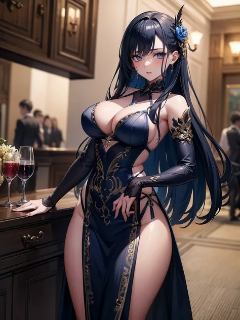 (masterpiece), best quality, highly detailed faces, (SHARP details), 4k, highly detailed, expressive eyes, SHARP detail expressive eyes, (SHARP detail perfect face), long hair, 20 year old woman, standing, slutty courtesan dress, dark-blue hair, indoors, c...