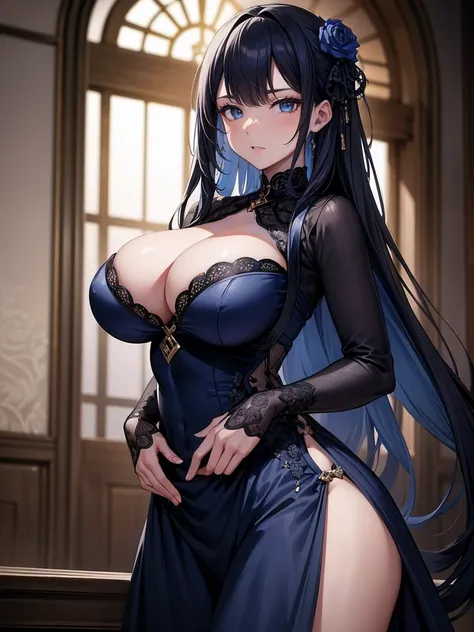 (masterpiece), best quality, highly detailed faces, (SHARP details), 4k, highly detailed, expressive eyes, SHARP detail expressive eyes, (SHARP detail perfect face), long hair, 20 year old woman, standing, slutty courtesan dress, dark-blue hair, indoors, c...