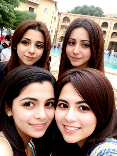 photo with color group of cute lebanese friends gathered, photo on characters face, photo with color.