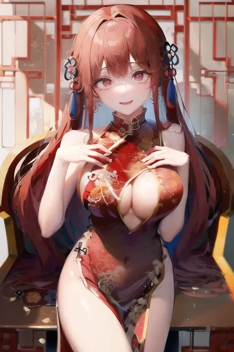 ((highest quality))　((masterpiece))　(detailed)　Perfect Face　Pulling up hair　((Light red Chinese dress:1.7))　((Open-chested Chinese dress:1.6))　smile　No underwear　Very cute face　Huge breasts　Japanese