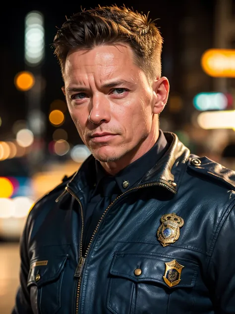 (best quality, masterpiece, highest detailed), (photorealistic:1.2), raw photo, professional photo , Robert Patrick, male,  terminator, in police uniform,  (vibrant color), (intricate details), exposure blend, bokeh, dim light, (  hdr:1.4 ), high contrast,...