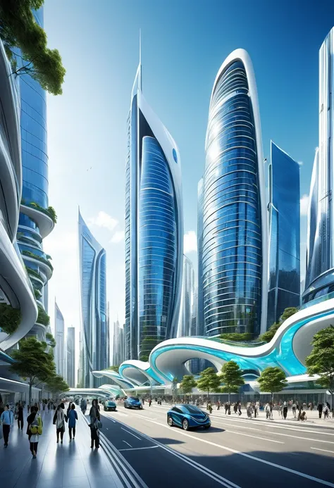 the image depicts a futuristic cityscape, characterized by towering skyscrapers with sleek, modern designs. the buildings are pr...