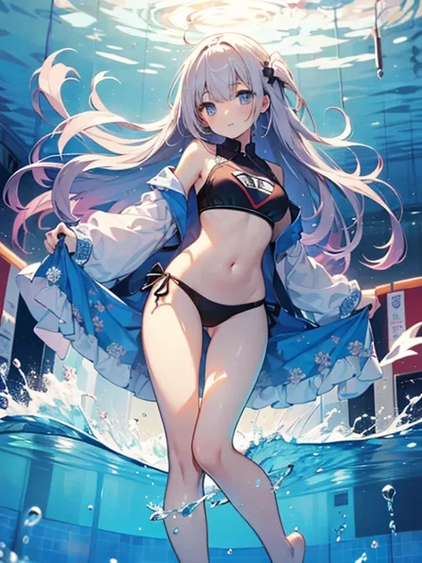 ((2D Beautiful Girl、highest quality、Perfect Finger 1.3、Perfect Anatomy 1.3、Very delicate and beautiful illustration))、pretty girl、(Conversion Sequence)、((Swimwear))、14 years、Slender beautiful girl、Fractal Art、Baby Face、((Straight Long Hair))、Big droopy eye...