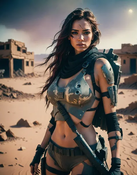 a beautiful woman, [sniper:Bounty Hunter:0.4] standing in an apocalyptic desert, (glitchwave style:1) detailed face and eyes, beautiful defined lips, highly detailed, 8k, best quality, photorealistic, dramatic lighting, vibrant colors, cinematic compositio...