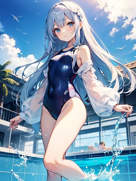 ((2D Beautiful Girl、highest quality、Perfect Finger 1.3、Perfect Anatomy 1.3、Very delicate and beautiful illustration))、pretty girl、(Conversion Sequence)、((Swimwear))、14 years、Slender beautiful girl、Fractal Art、Baby Face、((Straight Long Hair))、Big droopy eye...