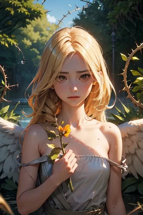 female angel, sad, blond hair, brown eyes, sunlight, garden, water, blood, seminude, wounds, thorns hurting too much