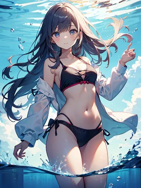 ((2D Beautiful Girl、highest quality、Perfect Finger 1.3、Perfect Anatomy 1.3、Very delicate and beautiful illustration))、pretty girl、(Conversion Sequence)、((Swimwear))、14 years、Slender beautiful girl、Fractal Art、Baby Face、((Straight Long Hair))、Big droopy eye...