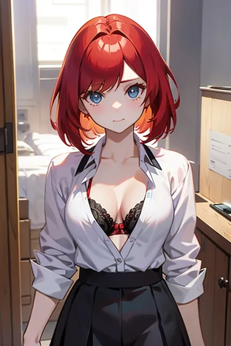 An anime girl with red hair and blue eyes wearing a skirt and an open shirt revealing a black and red bra